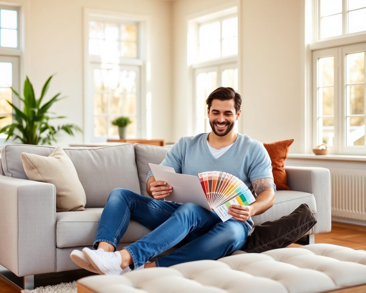 Homeowners reviewing paint color swatches together in a bright, modern living room